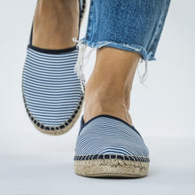 Load image into Gallery viewer, Blue white striped espadrilles for jeans from astrid with 
