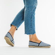 Load image into Gallery viewer, Blue white striped espadrilles from astrid with till jeans
