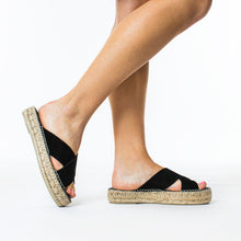 Load image into Gallery viewer, Black suede espadrille sandals. Slides slip in 
