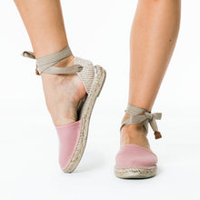 Load image into Gallery viewer, Pink handmade espadrille sandals with laces from astrid with
