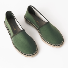 Load image into Gallery viewer, Green handmade espadrilles from astrid with i canvas
