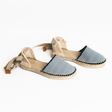 Load image into Gallery viewer, Blue white striped espadrilles sandals with laces
